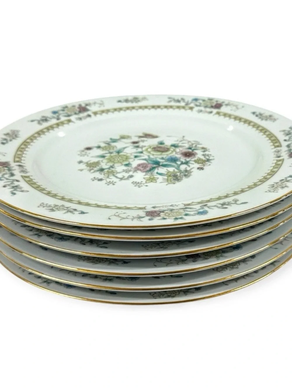 Baum Bros Ming Floral Set of 6 Dinner Plates 10.5” Fine China Gold Trim